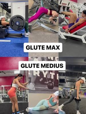 Glute max vs. glute medius exercises The glute maximus makes up the majority of the glutes (hence the name) and the glute medius is deep to the glute max and makes up the upper glutes (along with the upper fibers of the glute max). The glute maximus is an extensor muscle while the glute medius is an abductor (brings leg away from body) and stabilizer.  The glute maximus is worked during hip thrusts, 45°  glute raises and stable lunges (this isn’t an all encompassing list btw- just what is shown here). The glute medius works in hip abduction and also as a stabilizer in unilateral work. The glute medius gets trained in a glute medius kickback (angled- 30-45 degrees), a side lying hip abduction and a side kick.  While this isn’t included here, the glute medius also works to stabilize the pelvis in unilateral movements where stability is needed, like a split squat where you aren’t holding onto anything or a walking lunge. The reverse lunge here is going to be more glute max as it’s very stable due to the smith machine. Now offering a FREE 7 day trial to my app📲💜 Access 25+ programs, track sets/weight/reps, form checks, ask me questions, community chat, track nutrition and more! #glutes #fitnessmotivation #gymgirl #GymTok #glute #gluteanatomy 