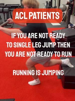 I see WAY too many ACL patients that can't even do a single squat or squeeze their quad well be cleared to run. BUT they are not cleared to jump. Someone explain that to me? Running is a series of single leg jumps. If we are not ready to jump how the heck are we supposed to be ready to run? Running is jumping and jumping is running. If you aren't ready for one you are not ready for both. If you can not do 15-20 solid SL squats with good knee loading. You are probably not ready. #aclrehab #aclrehabilitation #aclsportsmedicine #aclreturntoplay #aclreturntosport #aclrecovery #aclsurgery #aclsurgeryrecovery #aclsurgerydone #aclphysicaltherapist