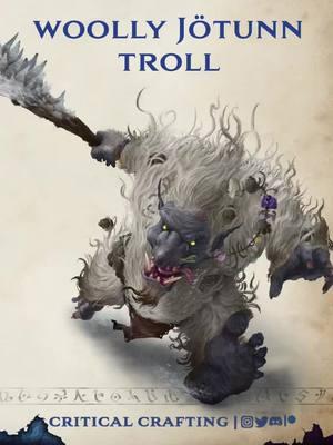 We’ve got another of our latest winter-themed monsters to throw at your table for this week’s #MonsterMonday. Check out the Woolly Jötunn Troll! Like all jötunn trolls, woolly jötunn trolls hate gods and outsiders, enjoy destroying places of worship and eating the religious, despise church bells, are averse to lightning, and often blend into stone when petrified by sunlight. Unlike other jötunn trolls, these trolls sport incredibly long, tangled, and somewhat “living” hair that grants them additional combat abilities, immunities from the cold, and more. Woolly jötunn trolls sport strange hair that writhes like living snakes, entangling other creatures that draw too close, and allowing the troll to clamber along walls and ceilings, dropping on their prey from frigid cave ceilings, swinging heavy clubs covered in ice. Usually, the trolls gather corpses or trinkets within this tangled hair, trophies they proudly display or brag about to other members of their horrid race. Grab more content like this in this month’s 60+ page release (and get access to over 1800+ pages of previous content) when you join the patreon at the Link in the Bio! #dnd #dndtiktok #dungeonsanddragons #dnd5e #dndhomebrew #dndmonsters #dndstats #criticalcrafting 