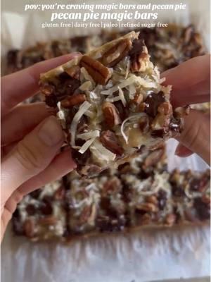 If you like magic bars and pecan pie, you have to try these pecan pie magic bars. They’re a cross between pecan bars and magic bars (aka 7 layer bars) and can be made gluten free, dairy free, paleo, and refined sugar free! Crust: •1 1/2 cups almond flour (oat flour should also work but I haven tried) •1/4 cup coconut oil, melted •1/4 cup pure maple syrup •1/4 tsp salt Filling: •1/2 cup cashew butter •1 cup full fat canned coconut milk •1/3 cup pure maple syrup •1 tsp pure vanilla extract •1/4 tsp salt Other: •1 cup chopped pecans •1 cup dairy free chocolate (I used 100% cacao chips) •1 cup unsweetened shredded coconut Instructions: 1. Preheat the oven to 350°F and line an 8×8 inch square pan with parchment paper. While the oven preheats, add all of the crust ingredients to a bowl and mix until a dough forms. 2. Add the dough to the lined pan and spread it out with a separate piece of parchment paper then bake in the oven for 15 minutes. 3. While the crust is baking, add all of the filling ingredients to a saucepan and whisk together over low heat until smooth. Continue to heat/stir until the filling has thickened (about 5-10 minutes), then remove from the heat. 4. Once the crust is baked, let it cool for 5-10 minutes then top with 2/3 of the pecans, chocolate, and coconut. Pour the filling on top then sprinkle with the remaining pecans, chocolate, and coconut. 5. Return to the oven and bake for an additional 25 minutes then let the bars cool completely before serving. Serve refrigerated or at room temperature but be sure to store in the fridge!  #pecanpie #magicbar #7layerbars #pecanpiebars #holidaydesserts #healthydessert #glutenfreedessert #refinedsugarfree #paleodessert #grainfreebaking #dairyfreebaking #vegandessert #dessertbars 