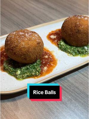 Rice Balls #riceballs #arancini #FoodLover #foodblogger #foodietiktok #cheftok #cookingathometiktoktv #cookingtiktok #yummy #delicious #tasty #appetizer #Recipe #italianfood #fried Risotto 2 chicken thighs cooked in broth, shredded 1 cup chopped onions 1 TB rosemary chopped 1 cup Arborio rice  1 cup dry white wine 4 cups chicken stock 3 TB EV olive to cook onions 1-1/2 TB Lemon juice 2 TB roasted garlic 1/2 cup pesto in risotto 1/2 cup small diced mozzarella  1 cup Locatelli pecorino  1 cup flour, 2 eggs, and 1.5 cups breadcrumb for breading  Oil for frying  Pesto 2 cups raw arugula blanched and squeeze water 1 cup raw arugula  1/4 cup fresh basil  3 TB toasted pine nuts  1/4 cup water 1/4 cup EV olive oil  2 TB Locatelli pecorino added to pesto after you add the 1/2 cup pesto to the rice