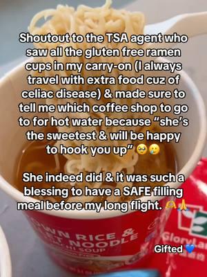 What’s a gluten free / celiac “hack” that has changed your life for the better?? Drop it in the comments 👇 This “hack” of asking for hot water from a coffee shop in the airport or from the stewardess on the plane works for ANY gluten free meal in a cup that just needs hot water to cook, including gf ramen, gf mac and cheese cups, gf oatmeal & more. 😍👌 Thank youuuu to @glorylandfoods for sending me some of their gluten free ramen cups & partnering up on a post showing this hack earlier this month! 🫶 I was planning on just asking any coffee shop for hot water since I haven’t had any issues in the past, but this TSA agent truly had me back and was SO sweet. 🥹🫶 So big shoutout to him and his bestie in the Colorado Springs airport!!   What’s a gluten free travel tip that has your GF life easier/safer/tastier? Would love to hear in the comments ESPECIALLY cuz I know a lot will be traveling for the holidays soon 😅👇 #nogluten #glutenfree #foodallergy #glutenfreeliving #celiacdisease #celiac #glutenfreedairyfree #celiaclife #autoimmunedisease #glutenfreedairyfree #glutenfreelife #glutenintolerance #celiactiktok #foodallergies #glutenfreefood 