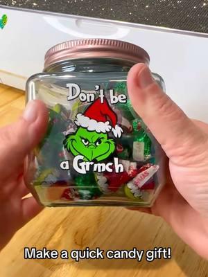 Need a quick inexpensive host gift? Or maybe for a bus driver? Teacher? Coworker? Then grab a jar at dollar tree and some vinyl and make a simple jar fill with candy of your choice ans bam gift!  #christmasdiy #goftidea #last #lastminutegifts #giftideas #giftidea #grinch #candyjar #cricut #cricutmade #cricutdiy #cricutgiftguide 