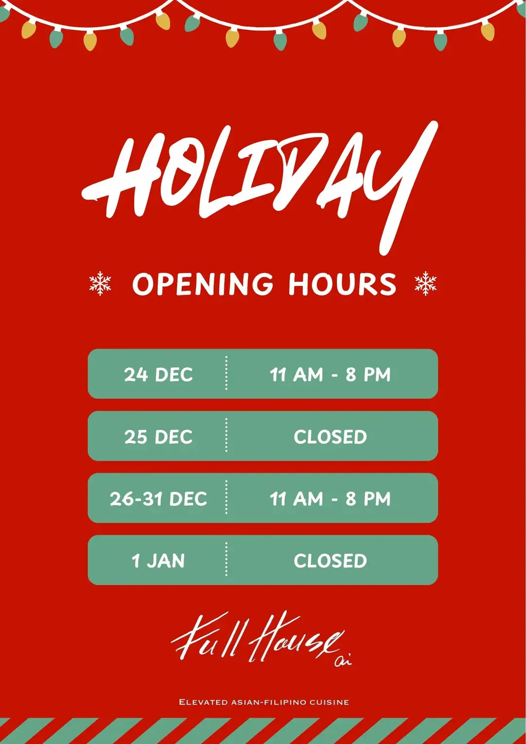 Holiday Hours ⏰🎄 🎉 🎁  Call/DM us to make a reservation!  ➖➖➖➖➖➖➖➖➖➖ 🇵🇭 FILIPINO FOOD ➕ ASIAN FUSION  📌 9890 S Maryland Pkwy  ⏰ Monday-Tuesday 11am-8pm ⏰ Thursday-Sunday 11am-8pm 📅 Closed Wednesdays 🚗 Delivery, Pick up and Dine-in  📱 702-227-4663 📣 #FullHousebbqLV ➖➖➖➖➖➖➖➖➖➖ ✔️TAG ✔️SHARE✔️SAVE   #lasvegas #pinoy #filipinofood #pinoyfood #vegasfood  #flaminghalohalo #halohalo #nilaga #bulalo #friedrice #karekare #christmas #newyear