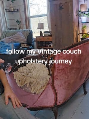 Antique French couch upholstery journey. Plan B. im going to rip trim off, steam clean pink velvet and cover it with linen to keep it simple. Here goes....Lawwddddd. #simplicity #handmade #farmhouse #barsoap #homeherbalist #genx #simplelife #cottage #homestead #herbalist ##tinyhouse #vintagecouch #vintagevibes #Lifestyle 