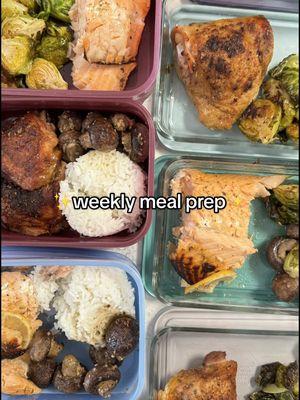 wanted to stop by real quick and show my meal prep of the week. I usually prioritize protien and vegetables for fiber + nutrients. This all only cost me a $50 grocery trip! If you wanna hear more about my health journey, let me know in a comment and follow for more content 🤍✨  #mealprep #mealprepweightloss #healthylifestyle #fitnessjourney 