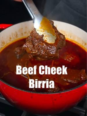 When it comes to Beef Birria… this version is by far my favorite I have made yet!  Ingredients: • 2 Beef Cheeks, I used Wagyu bms 8-9 from @Meat N' Bone  • 4 bone in short ribs  • salt and pepper • 2 tbsp olive oil • 3-4 ancho chilis, seeds removed • 4-6 Guajillo chilis, seeds removed • 2-3 Chile de Arbol, seeds removed • 2-3 cups hot water • 1 white onion, quartered • 1-1.5 lbs tomatoes, quartered • 2-3 tbsp cumin • 1 tbsp whole peppercorns • 3-4 whole cloves • 1.5 tbsp dried oregano  • 1.5-2cups beef stock • 3 bay leaves  • 1 head of garlic, top cut off • 1 stick of Mexican Cinnamon • 4-5 sprigs of fresh thyme Instructions 1. Start by seasoning the beef with salt and pepper while you hest the oil up in a large heavy bottom pan with a lid, ideally a Dutch oven! 2. Sear the beef for 2-4 minutes, or until a nice sear has developed, then pull the beef out and set aside. 3. In the same pan, add the dried chilis and toast then for 30-40 seconds. Then remove and place in a bowl and cover with the hot water allowing them to rehydrate for 10 minutes or so.  4. In the meantime, let’s add the onion and cook until slightly browned, then add the tomatoes, cumin, peppercorns, cloves, and oregano. Stir and Cook for 10 minutes before deglazing with 2 tbsp of beef stock. 5. Transfer everything to a blender along with the rehydrated chilis and the water used to rehydrate them, and blend on high until uniform!  6. Place the beef back in the pot, place in the bay leaves, garlic, cinnamon, and thyme, then pour the blended marinade over the top! Add more beef stock and cover to let simmer for 4-5 hours.  7. Shred the beef, strain the consume, and let everything develop more incredible flavor overnight!  #birria #beefbirria #birriaderes #beefcheeks #beefcheekbirria #birriarecipe #comfortfood #birriatacos #cookwithme #Recipe #food #Foodie #foodiegram #foodiesofinstagram #fyp #foryou 