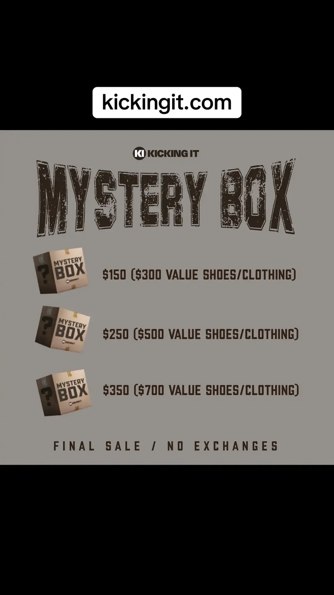 The Mystery Boxes are Back!! 📦👟 • Back by popular demand, the legendary Kicking It Mystery Boxes are now available in store & online.  • Pick from any of the 3 bundles to get a surprise in store products  • Sneakers ✅ Clothing ✅ & Accessories ✅ • Pick the $150 bundles - get $300 with in product  $250= $500 $350= $700  • Tap the link on our IG story to shop 📦 • #kickingit #kisatx #mysterybox #fyp #sneaker #sneakers #sneakertok #sneakertiktok #foryoupage #foryourpage #streetwear #boutique #streetwearboutique #sneakerboutique #sneakerstore #blackowned #blackownedbusiness #austin #austintx #austintexas #texas #texasboutique #sanantonio #sanantoniotx #sanantoniotexas #satx #sneakerhead 