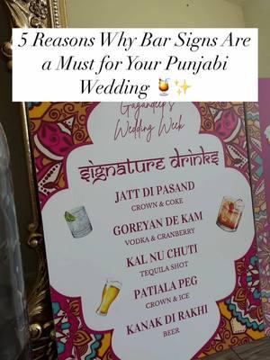 A Punjabi wedding is all about fun, dancing, and endless celebrations—so why not elevate your bar with custom signs? Here’s why bar signs are a must-have: 1️⃣ Clear Drink Menu: Keep the bar flowing smoothly by showcasing the drink options so guests can easily pick their favorites. 2️⃣ Add Personality: Whether it’s quirky names, signature cocktails, or a fun message, bar signs let you add a personalized touch. 3️⃣ Match Your Theme: From vibrant colors to traditional motifs, bar signs can tie into your wedding decor seamlessly. 4️⃣ Fun Photo Moments: Guests love snapping pictures near a creative bar setup—custom signs add that extra wow factor for Insta-worthy shots! 5️⃣ Organized & Efficient: No confusion, no chaos. A clear sign keeps the bartenders working efficiently, ensuring everyone has their drink in hand quickly! 💡 Pro Tip: Feature a “signature cocktail” named after the bride, groom, or a fun family tradition to make it even more memorable. 📩 DM us to create your custom bar signs for the ultimate Punjabi wedding experience #LuxeGoddessCrafts #weddingsign #weddingsigns #eventsign #eventsigns #acrylicsign #punjabiweddingsign #asianwedding #onthedaystationery #viral #punjabiweddingphotographer #punjabiweddingaccessories #punjabiwedding  #punjabiweddingcouple  #punjabiweddings #weddingcrafts #welcomesignage #acrylicwelcomesign #customcrafts #customsign #weddinginspiration #weddingstationery  