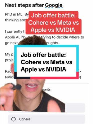 Job offer battle: Cohere vs Meta vs Apple vs NVIDIA. #techtok #techindustry #paytransparency #salarytransparency #careeradvice #offerevaluation #jobofferbattle #joboffer #greenscreen 