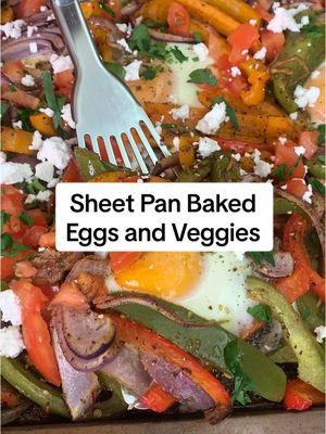 Sheet Pan Baked Eggs and Vegetables - A one-pan meal with colorful bell peppers, onions, and sunny-side-up baked eggs, all covered in bold Mediterranean flavors. It’s the perfect breakfast recipe for a crowd and is ready in 20-minutes!  Ingredients: ▢ 1 green bell pepper, cored and thinly sliced ▢ 1 orange bell pepper, cored and thinly sliced ▢ 1 red bell pepper, cored and thinly sliced ▢ 1 medium red onion, halved then thinly sliced ▢ Kosher salt and black pepper ▢ Spices of your choice, I used 2 tsp za’atar blend, 1 tsp ground cumin and 1 tsp Aleppo chili pepper ▢ Extra virgin olive oil, I used Early Harvest Greek extra virgin olive oil ▢ 6 large eggs ▢ Chopped fresh parsley, a large handful ▢ 1 Roma tomato, diced ▢ Crumbled feta, a small bit to your liking (optional) #eggs #eggrecipe #breakfast #breakfastideas #breakfastrecipes #bakedeggs 