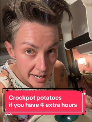 Crockpot racerback potatoes! My partner doesn’t like onions, so I modded augratin potatoes. Throw some chicken boullion cube crumpled up on there too.  #flavortown #potatoes #potatotiktok #crockpot #crockpotrecipes #augratinpotatoes #cooking 