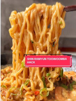 SHIN RAMYUN TOOWOOMBA HACK 😮‍💨 AD | I was craving noodles, so I tried the viral Shin Ramyun Toowoomba noodle hack and it’s SO good I think you’re going to love it. It’s super creamy and has a balanced level of spice…plus it’s super simple to make 🤤 I saw Shin Ramyun Toomba has already been released in Korea and is super popular. And so although this is a great way to make it from scratch using the classic Shin Ramyun noodles, I really hope it gets released in the UK as well cause it’s absolutely delicious 💛 Find the recipe below! Ingredients: 🍜 1 packet of Shin Ramyun 🍶1 tsp oil 🧅 1/2 onion, finely sliced 🧄 3 garlic cloves, minced  🥓 3 streaky bacon rashers, chopped 🦐 8 raw prawns 🧈 1 tbsp butter 🧂 1 tsp ground black pepper 🥛 300ml milk 🧀 1 cheese slice 🌿Spring onions, finely sliced Method: 1. Boil your shin ramyun noodles according to packet instructions 2. Place a pan on medium heat and drizzle in the oil.  3. Add in the onion and garlic and fry for a few minutes until soft. 4. Add in the bacon and prawns, followed by the butter and black pepper. Stir and fry for a minute.  5. Pour in the milk followed by the cheese slice.  6. Leave to simmer until the sauce has thickened slightly, then add in your shin ramyun noodles and combine.  7. Serve up and top with spring onions. Enjoy! #ShinRamyunToomba #ShinRamyunToowoomba #ShinRamyun #Nongshim 