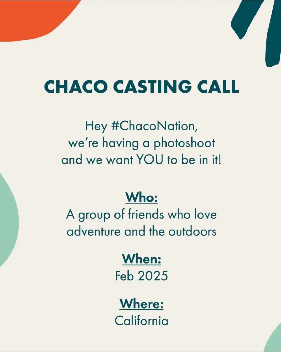 Hey #ChacoNation, we’re having a photoshoot and we want YOU to be in it! 📸🤙🫶 Learn more at the link in bio and apply now! #fyp #foryou #chaco #photoshoot #lifestylephotography #lifestylephotoshoot #brandphotoshoot #photography #sandals 