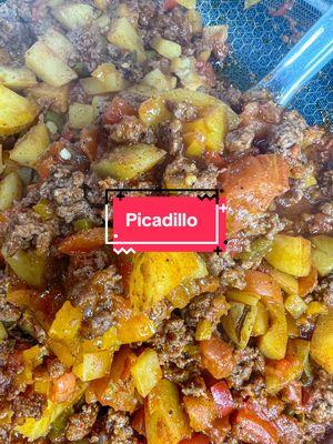 Would you try this easy and delicious picadillo recipe? Ingredients 4 potatoes 1 lb ground beef 2 tsp salt 2 tsp pepper 1 tbsp garlic powder  1 tbsp onion powder  2 tsp paprika  1 diced yellow bell pepper 1 diced red bell pepper 1 diced orange bell pepper 1 diced green bell pepper 1 tbsp tomato paste 2 sprigs thyme 1-1.5 cups beef broth 1/2 cup seedless Spanish olives 1/2 diced white onion 1 tbsp hot sauce 1 stick cinnamon 1/4 cup chopped cilantro #tiktokpartner #picadillo #onepanmeal #EasyRecipes #tiktokfood #comfortfood 