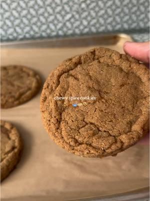 Chewy spice cookies:  **maker around 10-12 large cookies** Ingredients: - 2 2/3 cups (350g) all-purpose flour - 1 tsp baking soda - 1/4 tsp baking powder  - 1/2 tsp salt - 2.5 tsp ground ginger - 1 tsp ground cinnamon - 1/4 tsp ground nutmeg - 1/4 tsp ground cloves - 1 cup unsalted butter, room temperature - 3/4 cup (180g) dark brown sugar, packed - 1/2 cup (100g) granulated sugar  - 1 egg - 1 egg yolk  - 1/3 cup unsulphured molasses - 1 tsp vanilla extract Method:  1. Using a hand or stand mixer cream together the butter and sugars until smooth.  2. Add the eggs, molasses, and vanilla. Mix again until smooth. Scrape down the sides.  3. In a separate bowl mix your dry ingredients. Then fold them into the wet ingredients.  4. Once mixed scoop onto a lined cookie tray and place in freezer for 7-8 minutes.  5. Remove from freezer and bake 350 for 12-15 minutes. Once done, you can use a round cookie cutter to shape the cookies to perfect circles.  6. Let set for 3-5 minutes before enjoying.  #baking #food #fyp #ginger #molasses #cookies #cookierecipe #gingermolassescookies #gingercookierecipe #recipes #EasyRecipes #cookiebaking #fallbaking #chewycookies #fyp:)