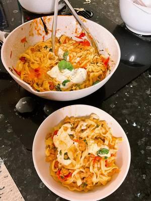 Fresh Fettuccine in a blistered tomato and basil cream sauce with burrata and italian sausage . #pasta #sauce #italianfood #recipes #fromscratch #dinner #mealideas #fyp #food #spinningdishes 