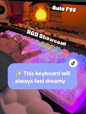 Looks like crystals ✨️ Tippy Taps & RGB Showcase with the Aula F98 ✨️ Keyboard base: Pink Switches: Frost Axis (or Leobog Ice Soul, same thing) #aulaf98 #rgbkeyboard #keeb #creamykeyboard #thocky #thockykeyboard #desksetup #pinkkeyboard #pinkaesthetic #pinktech #gamergirls #wfh #officegirl #wfhlife #GamerGirl #kawaiiaesthetic #kawaii #kawaiigirl #pinkdesksetup #mechanicalkeyboard #aula #toptierdecember #giftguide #tiktokshopholidayhaul #fantasylovers #fantasy 