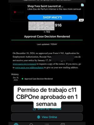 Permiso de trabajo c11 CBPOne aprobado en una semana #fy #paratii #cubanosporelmundo #immigration #immigrationservices #cubanos #cbpone #permisodetrabajo #ead 