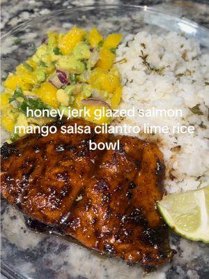 honey jerk glazed salmon with mango salsa & cilantro lime rice 🍽️ #honeyjerksalmon #honeysalmon #salmonrecipe #salmonrice #salmonbowl #mangosalsa #mangosalsarecipe #cilantrolimerice #creatorsearchinsights 