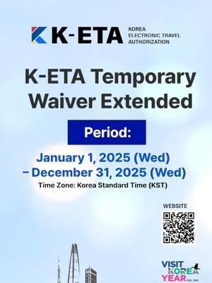 🌟 Exciting Travel Update + Korean Nightlife Awaits! 🌟 The Ministry of Justice has extended the K-ETA temporary exemption for another year! 🎉 🗓 Extended Exemption Period: 📌 From January 1, 2025 (Wed) to December 31, 2025 (Wed) (KST) 🌍 The same countries/regions currently exempt from K-ETA remain eligible. When applying, eligible travelers will see a pop-up confirmation for their nationality. ✨ Why Apply for K-ETA Anyway? ✔ Skip filling out an arrival card 💡 Note: Application fees apply if you choose to apply for K-ETA. K-ETA approvals remain valid until their expiration date.  🌙 Explore Korea’s Amazing Nightlife! Korea comes alive after dark, with bustling streets, vibrant lights, and endless places to enjoy. Whether you love scenic views, lively entertainment, or cultural experiences, there's something for everyone! 🌟 Gyeongbokgung Palace – A serene glow under the moonlight 🌆 Lotte World Tower – Stunning cityscape views from above 🌌 Namsan Tower (N Seoul Tower) – A must-visit for romance and dazzling lights 🌉 Gwangandaegyo Bridge – Iconic views and vibrant city vibes And don’t forget Korea’s night markets, street food, and trendy nightlife districts, where the energy stays high and the streets are always buzzing! 📸 Plan your trip today and experience the magic of Korea at night! ✈️ #VisitKorea #KETANews #KoreanNightlife #ExploreKorea #VibrantStreetsofKorea #Travel #Korea #Keta #gyeongbokgung #lotteworldtower #namsantower #gwanganbridge