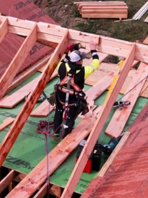 Setting some 2x12 rafters. Block at the ridge is notched to provide ventilation and the block itself for edge nailing the sheathing per engineering.#framersareadyingbreed #roofframing #framing #huberpartner @Truewerk @MAXUSACorp @STABILA 