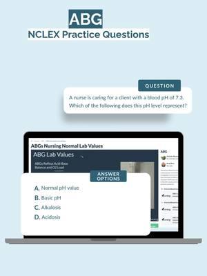 🎓 Ready to conquer the NCLEX? We recently dropped the cost of our Lifetime Access to just $29/month for 9 months - then it is yours for life! Only looking for NCLEX prep? Pay $29 and cancel after the first month . . . $29 for EVERYTHING you need to pass the NCLEX - including 5 CAT exams. 🔗 Click the link in our bio or visit nursing.com/lifetime to start today. Answer: Acidosis A normal blood pH ranges from 7.35 to 7.45. A pH of 7.3 is below this range, indicating that the blood is more acidic than normal, which is referred to as acidosis. Basic (alkaline) pH values are above 7.45, indicating a state of alkalosis. Since 7.3 is below the normal range and not above 7.45, it is classified as acidosis. 🚨 NCLEX Prep Tip: Questions on pH values are common—memorize the normal range and understand how deviations indicate acidosis or alkalosis! #NursingSchool #NCLEXPrep #Acidosis #NursingTips #NurseLife #RNJourney #StudentNurse #FutureNurse #NursingEducation #nclexprep #nclexrn #nclexpn #nclex #nclexpracticequestions #nclexpractice #nclexpass #nclexexam