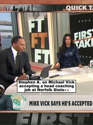 @stephenasmith reacts to Michael Vick accepting a head coaching job at Norfolk State 👏 #nfl #michaelvick #atlantafalcons #philadelphiaeagles #CollegeFootball