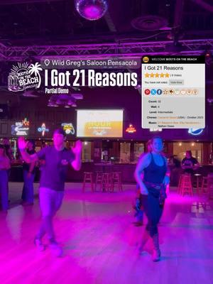 Fun new dance, especially if you like wizard/Dorothy steps and triples: 🪩: “I Got 21 Reasons” by Cameron Stuart (partial dance demo during social dancing) 🎵: “21 Reasons” by Nathan Dawe ft Ella Henderson 🕺: @Caleb Merrill Taren @Shane Vandegrift  📍: @WildGregsSaloon (DJ @Trevor Lambert ) . #bootsonthebeachlessons #linedancing #socialdancing #placestodance #gulfcoastdancing #linedance #igot21reasons #linedance 