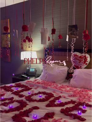 Valentine’s Day books open in 2 weeks 💕 Visit www.phelpsroomdesigns.com for pricing and booking! #phelpsroomdesigns #romanticroom #roses #rosepetals #blackowned #valentines #ValentinesDay #decoratedhotelroom 