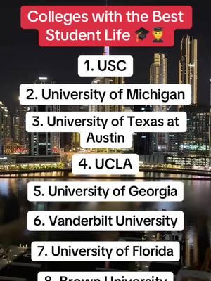 Colleges with the Best Student Life! 🎓 Comment what colleges you want to see next 🚀  #college #collegeacceptance #collegestats #collegeresults #collegedecision #usc #universityofmichigan #universityoftexas #ucla #universityofgeorgia #vanderbiltuniversity #universityofflorida #brownuniversity 