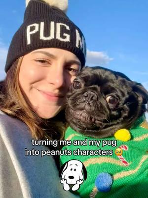 it gave Hazel a little hat 🥹 and made me charlie brown 🤔#blackpug #fyp #pug #snoopyfilter #filtrosnoopy #christmas #capcut 