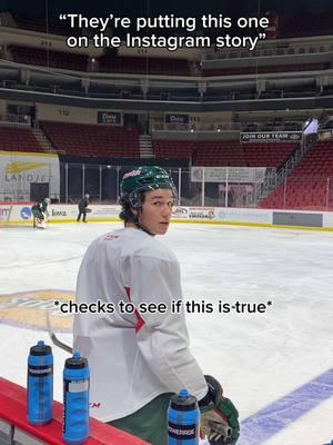 Little did he know it would go on TikTok too🤭  #iowawild #ahl #hockey #mattsop #luketoporowski #nopressure #igstory #trickshot #hockeytok #fyp 