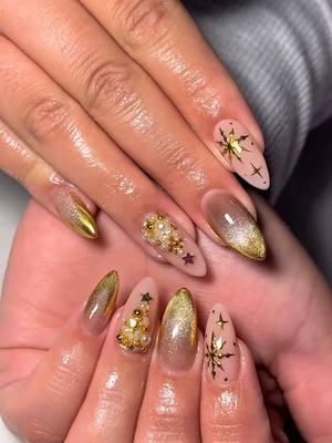 its a golden christmas🤩✨🤍 @navyl_moya  @Apres Nail Sculpted Almond Medium Tips Gel X Prep ph Bonder  Acid Free Primer  Extend Gel  Omni Light  Non-Wipe Top Coat  #midlandtx #midlandnails #midlandtxnails #westtexas #432 #girlynails #daliaorteganails #gelx #gelxnails #apresgelx #mixandmatchnails #capcut #trendingnails #nailsofinstagram  #nailinspo #nailideas #nailporn 