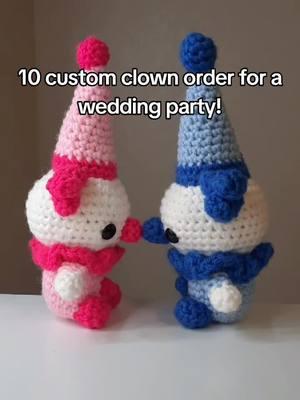 This was by far the biggest order I've ever received!! :) Each clown was made with the favorite colors of each person in the wedding party. Thank you so so much for this opportunity, I'm so glad I can provide these little pals to add some extra light on your special day! #clown #clowns #clowncore #clownart #clowntok #clownoc #circus #clowning #amigurumi #amigurumis #amigurumitoys #crochet #kidcore #weirdcore #silly #crochetersoftiktok #crochettiktok 