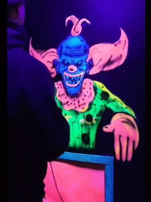 Jack in Box artwork from our uv clown section of the haunt !!  Based out in white paint  Highlighter to scale the details  UV reactive painted onto large areas  Airbrush black and some highlight colors for details of the art  #uvreactive #clown #airbrush #art #hauntedhouse 