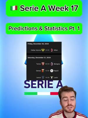 🇮🇹 SERIE A WEEK 17 PREDICTIONS & STATISTICS PART 1 | More predictions on FanBasis in my bio | Statistics are from the HOFB app, link in my bio | —————————————#footballpredictions #soccerpredictions #footballpicks #footballtips #footballanalysis #socceranalysis #soccertips #soccerpicks #seriea #serieapredictions #serieaanalysis #serieatips #serieapicks #freefootballpicks #freefootballpredictions #freesoccerpredictions #freesoccertips #veronavsacmilan #genoavsnapoli #torinovsbologna #leccevslazio 