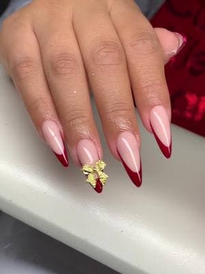 French en color rojo con moño dorado 😍✨💅🏻 #uñas #nails #lanails #misswitchnails #uñasacrilicas #acrylicnails #nailtutorial #nailinspo #rednails #uñasrojas #almondnails #uñasnavideñas #uñasalmendradas #christmasnails 