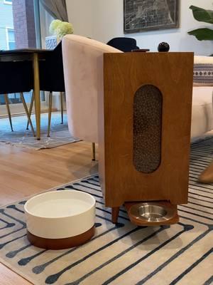 Modern dog feeder. Houndsy.com #midcenturymodern #interiordesign #dogfeeder #dogsoftiktok 