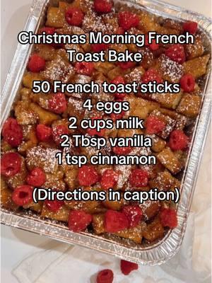 50 French toast sticks - I get these at @samsclub  4 eggs 2 cups milk 2 Tbsp. Vanilla 1 tsp. Cinnamon Fresh berries, powdered sugar and syrup for topping!  Chop French toast into bites and toss into a baking dish.  Whisk together eggs, milk, vanilla, and cinnamon. Pour over French toast. Bake at 350 for 35 minutes.  Top with berries and syrup.  #breakfastcasserole #breakfastrecipes #brunch #frenchtoast #christmasmorning #christmasbreakfast #christmasbrunch #holidaybrunch #holidaybreakfast  #casserole #casseroles #casserolerecipe #fiveingredients  #EasyRecipes