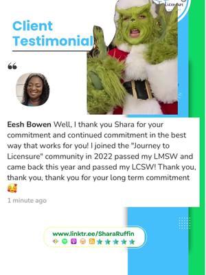 🚨 Big News Alert! 🚨 Eesh Brown joined our Journey To Licensure community two years ago, determined to achieve her LCSW dreams. On December 16th, 2024, she shared the best news: SHE PASSED HER LCSW EXAM! Thank you, Eesh, for trusting us to support you through BOTH exams over the years. Your resilience and dedication are truly inspiring. Ready to transform your licensing journey? Join our community today! #JourneyToLicensure #LCSW #SocialWorkSuccess #CommunitySupport Tiktok: #ASWBVictory  #socialworkers  #socialworkersbelike #socialworkhumor #socialworklife #JourneyToLicensure #socialworkstudent #socialworkersoftiktok #socialworkmajor #socialworkerproblems #socialworkerlife #socialwork #aswbexam #aswbtutor #aswbexamtutor #aswbsocialworkexam #shararuffin #aswbexamprep #aswbtestprep #lmsw #lmswexam #lmswexamprep #lmswexamstudytips #lmswexamstudying #bsw #bswexamprep #bswexam #lcsw #lcswexam #lcswexamprep #lcswc #lcswa #lcswexamsuccess #lcswtest #lcsw 