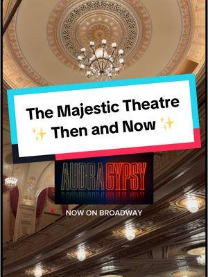 THEN VS. NOW ✨ The Majestic Theatre has hosted some of Broadway’s most iconic shows, and will continue that tradition with Gypsy, which opens tonight. But first, let’s look at how the theatre looked just a few years ago. The Phantom of the Opera occupied the Majestic from 1988 to 2023, and many audiences have never seen the theatre in any other way. Many walls were painted black. The proscenium was redesigned to evoke the Paris Opera House. The theatre’s name outside was lit in front of a black background. The real chandelier was replaced with a prop one that famously fell for thousands of performances. Everything was adjusted to match the moody romanticism of Phantom. But since Phantom departed, there has been a full renovation to restore the theatre to match its name. The shiny and ornate proscenium arch is in full view. There are new seats, plush carpeting, and countless surfaces finished in gold leaf. The theatre’s original chandelier was reinstalled in its proper place. Plus the theatre’s “Majestic” sign now gleams over a classic shade of David Merrick red, a color that screams show business. In fact, David Merrick Red is especially fitting to host the Majestic’s newest tenant, a revival of his 1959 musical hit Gypsy. I can think of no better musical to reopen this storied venue than a classic show biz drama so full of history and love for the artform. @ash sees all the theater  @TheArtsInsider  #Broadway #BroadwayHistory #MajesticTheatre #GypsyBway #PhantomOfTheOpera #theatre  #theatrelife #theatreproblems #dramaclub #performerlife #theatrekids #theaterinfluencers #theaterlovers #theartsinsider   