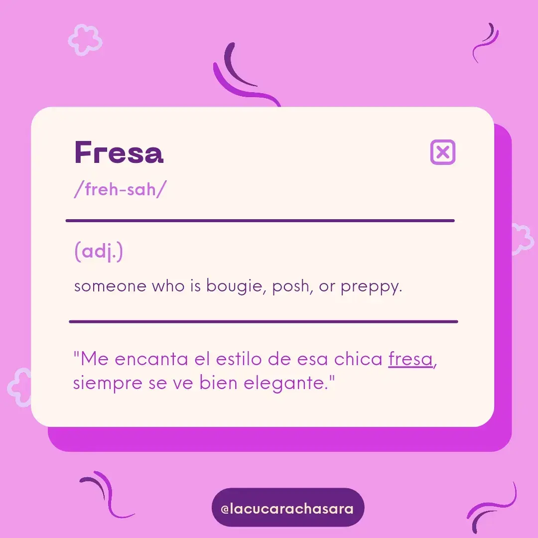 Fresa translates to strawberry 🍓, but can be used to describe someone who is posh, preppy, bougie, or even high-maintenance. It can describe people, places, things, or activities, anything that gives off that "preppy" or "posh" vibe can be labeled as "fresa." Depending on the tone and context it can either be used as a compliment or insult. #randomspanishwords #spanishvocabulary #conversationalspanish #fresa #studyspanish