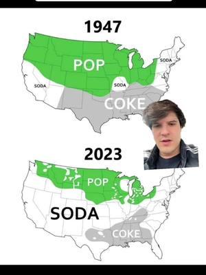 #greenscreen A true #American tragedy... nobody wants to say pop anymore. Americans primarily have three terms for their soft drinks (think #cocacola, #pepsi, #mountaindew, #sprite etc) and what you’ll hear is dependent on where you are. It used to be that, in the #Northeast and #Southwest (and for some reason #StLouis?), people said #soda, whereas in the #South, thanks to Coca Cola originating in #Atlanta, people would just call every soft drink '#coke,' while the interior of the US called soft drinks #pop. People still say coke and pop, but we can see that #urbanization and #globalization, likely due to the fact that 'soda' reigned supreme on the coasts, favored 'soda' and is slowly and maliciously seeing to it that nobody ever says pop again. Travesty! What do you call soft drinks 🤔 #usa #america #unitedstates #us #drinks #snacks #dialect #language #culture #geography #geographyjoe 