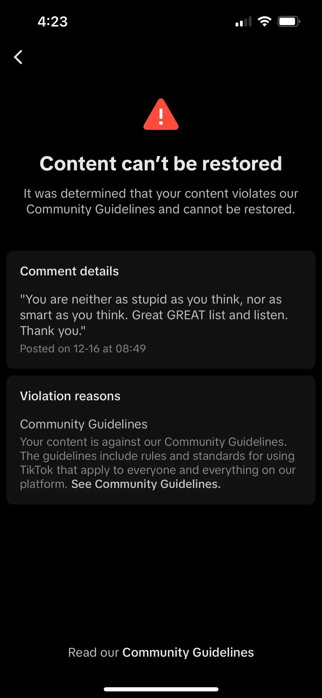 This is what Tiktok deems as a Community Guidelines Violation. Take a moment to read this horrific comment. *gasp* #whatthehell #facepalm #really #cgv #pathetic #eatshit #censorship #fy 