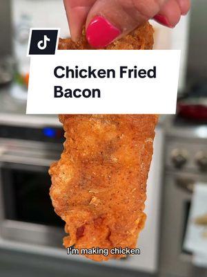 This Chicken Fried Bacon is one we'll be frying up again in 2025, for sure! 🥓 OG Creator is @meatchurch, and @nicolemclaughlin tried it. The result? Extra crispy and crunchy, this thick-cut bacon turns out better than any we've tried. 👏 Ingredients 4 cups peanut oil 1 pound thick-cut bacon 1 tablespoon multi-purpose seasoning blend, plus more as needed 2 cups all-purpose flour 2 teaspoons kosher salt 1 teaspoon freshly ground black pepper 1 teaspoon paprika 2 large eggs 1/4 cup beer or water 2 teaspoons maple syrup 2 tablespoons ranch or jalapeno ranch dressing Directions: • Line a rimmed baking sheet with paper towels and set a wire rack inside. • Heat oil in a large deep skillet or Dutch oven over medium heat to 350 degrees F (175 degrees C). Meanwhile, cut bacon in half crosswise and season evenly on both sides with multi-purpose seasoning. • Whisk together flour, salt, pepper, and paprika in a shallow bowl. Alternatively, season flour with additional multi-purpose seasoning blend. Whisk eggs, beer, and syrup together in a separate shallow bowl. • Coat each piece of bacon lightly in seasoned flour. Then coat in egg mixture, allowing the excess to drip off. Coat once more in flour mixture; set aside until all pieces are coated and oil is hot. • Working a few pieces at a time, fry each piece in hot oil, flipping occasionally, until crispy golden brown, 4 to 5 minutes. Maintain the oil temperature between 330 and 350 degrees F (165 to 175 degrees C) while cooking. Drain bacon on the prepared wire rack. Repeat with remaining bacon. #bacon #crispybacon #chickenfried #chickenfriedbacon Serve with ranch dressing for dipping. ✨: @Meat Church  📸: @NicoleMcLaughlin  #bacon #chickenfriedbacon #friedfood #ranch