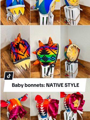 The baby bonnets are finally on our website. 🫶🏽🥹 #babybonnet #bonnet #nativestyle #IndigenousTikTok #nativetiktok #lakota #arikara #babybonnet #dinosaur #indigenousbaby #crafty #craftymoms #sewingtiktok #sewing 