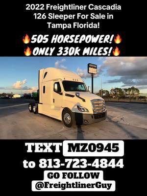 2022 Freightliner Cascadia 126 Sleeper For Sale in Tampa Florida!/ $99,900 OBO!/ Detroit DD15/  505 HP 1650 Torque/ 330k miles/ Detroit DT12 AMT/ Raised Roof Double Bunk/  Factory Fridge & Inverter/ Espar bunk heater/ 2:85 GEAR RATIO/ 229 WB/ BRAND NEW VIRGIN DRIVES!/ Fresh PM service & DOT/  TEXT MZ0945 to 813-723-4844!/ Head over to FreightlinerGuy.com for more info! #truckinglife #Trucking #logistics #Cascadia #Freight #truckdriver #owneroperator #detroitdiesel #freightliner #kenworth #peterbilt #transportation #mack #trucker #truckdrivingjobs #truckertok #bigrig #Southporttruck