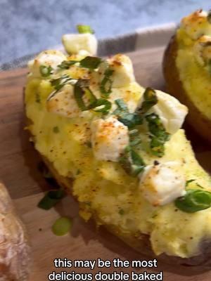 The Best Double Baked Potatoes- these are a staple for our Christmas menu and worth the time and effort! Also they are a great make ahead option and reheat really well!  Ingredients:  4 large Gold potatoes  1 1/3 package cream cheese (1/3 package for topping them off) 1/4 cup butter- melted 2 tsp salt  6 green onion stalks (reserve half to top off)  Black pepper to taste  Espelette to taste on top (alternatively you can use paprika) Method:  1. Preheat oven to 425 F;  2. Wash, pat dry, fork and wrap potatoes in aluminum foil;  3. Bake on the middle rack for about 1 hour until cooked through; 4. Once potatoes are cool enough to handle, cut off the top and scrape most of the flesh off as you try not to break the skin;  5. To a mixer add the potato flesh, 1 package of cream cheese, butter, salt, pepper and half of the chopped scallions; mix and scoop the mixture back to the potato skins; 6. Cube the remaining cream cheese and top the potatoes, sprinkle chopped green onions, black pepper and espelette; 7. Add back to the oven at 425 F for another 15-20 mins until golden and get ready to taste the best double baked potatoes!  #doubkebakedpotatoes #bakedpotatoes  #potatoes #potatolover #recipeshare