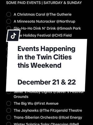 Check out this list of activities that are free to attend in the Twin Cities metro area this weekend December 21 & 22. If I missed anything, drop it in the comments!  #minnesotacheck #twincitiesmn #mn #recommendations #stpaulminnesota #minneapolisminnesota #PlacesToVisit #freeevents #freeactivities #thingstodo 